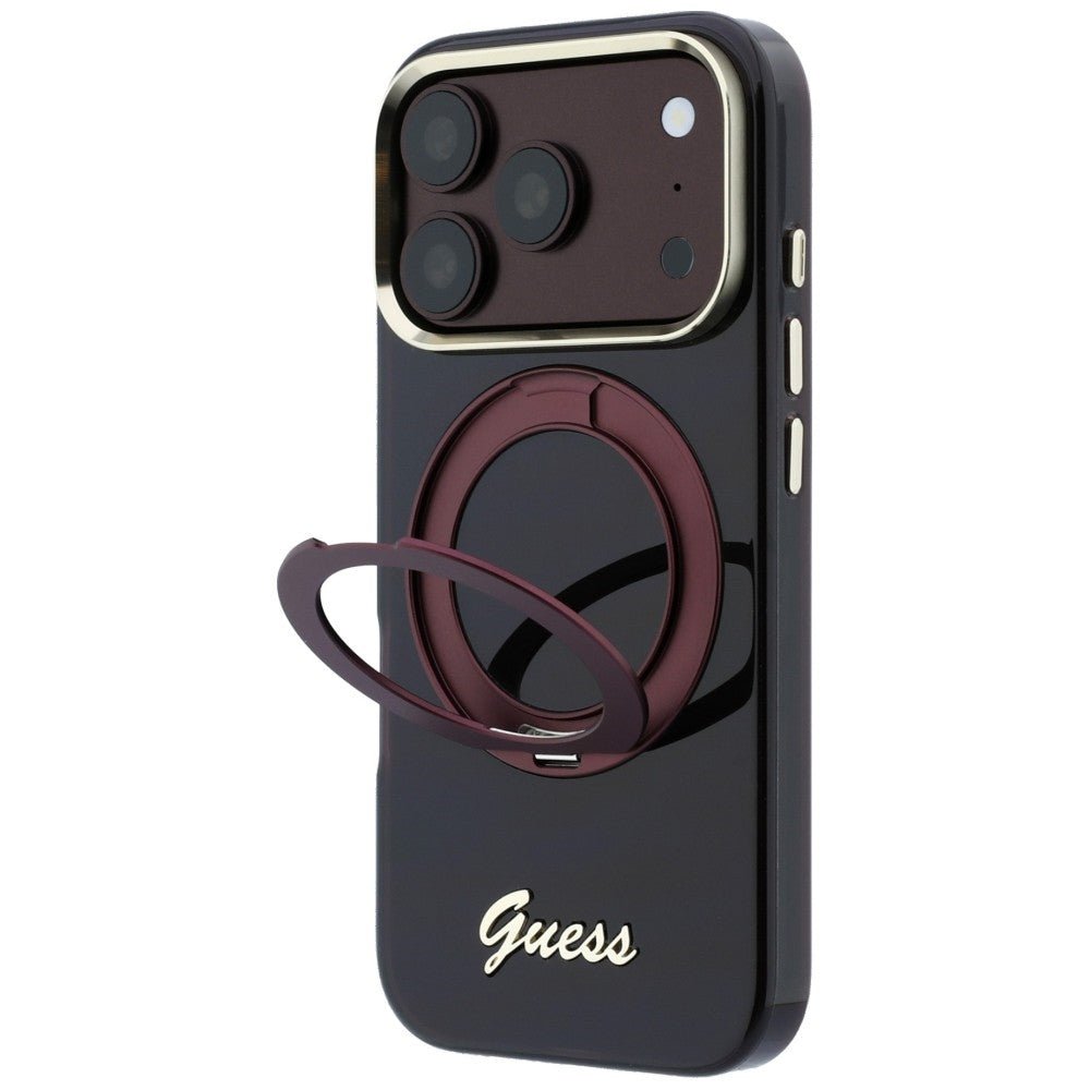 Guess iPhone 17 Pro Max / iPhone 18 Pro Max - Σκληρή Θήκη με Πλαίσιο Σιλικόνης και Δαχτυλίδι Συγκράτησης - IML Ring Stand 360 Script Metal Logo MagSafe - Burgundy