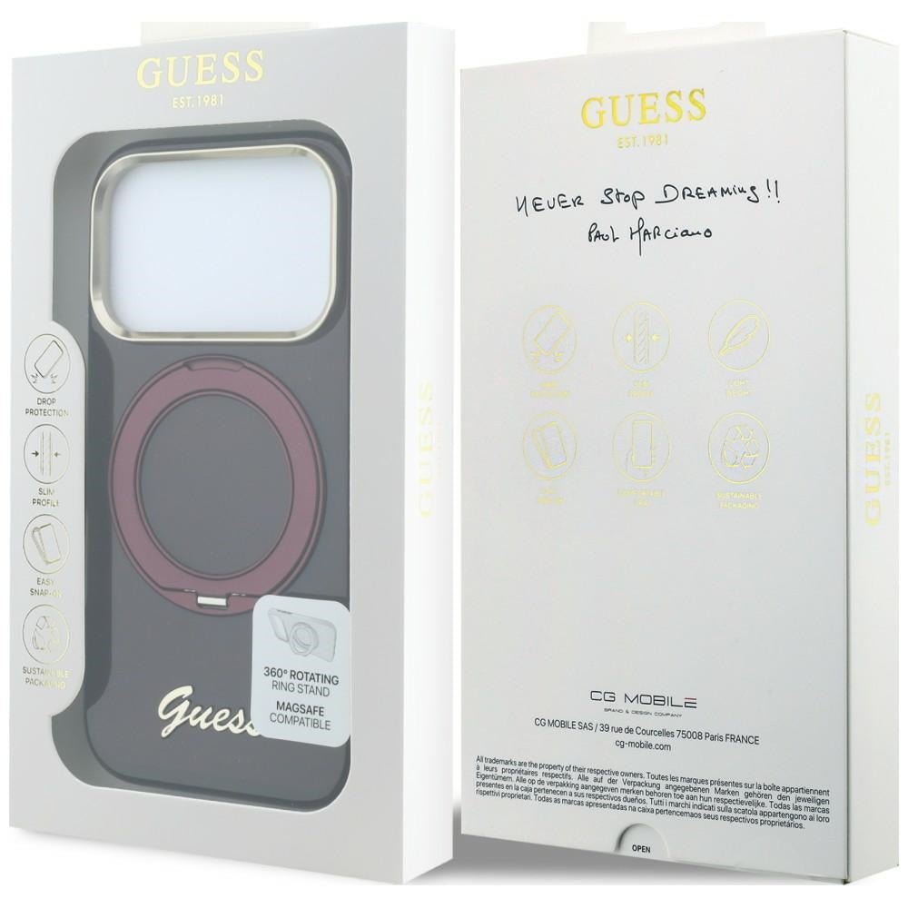 Guess iPhone 17 Pro Max / iPhone 18 Pro Max - Σκληρή Θήκη με Πλαίσιο Σιλικόνης και Δαχτυλίδι Συγκράτησης - IML Ring Stand 360 Script Metal Logo MagSafe - Burgundy