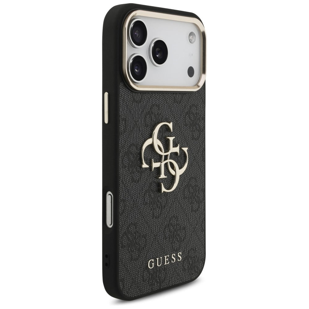 Guess iPhone 17 Pro Max / iPhone 18 Pro Max - Σκληρή Θήκη με Πλαίσιο Σιλικόνης και Επένδυση από Οικολογικό Δέρμα - 4G Big 4G Classic Logo - Black / Gold - GUHCP18X4GMGCGR