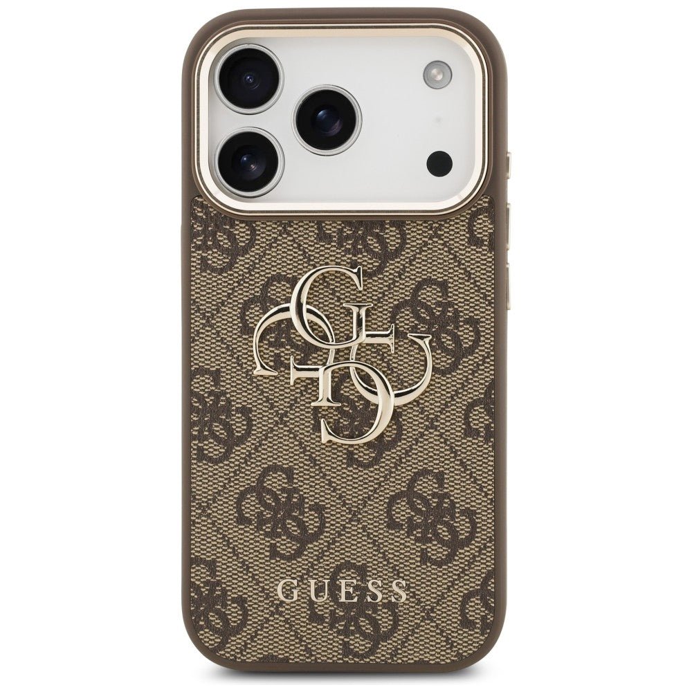 Guess iPhone 17 Pro Max / iPhone 18 Pro Max - Σκληρή Θήκη με Πλαίσιο Σιλικόνης και Επένδυση από Οικολογικό Δέρμα - 4G Big 4G Classic Logo - Brown / Gold - GUHCP18X4GMGCBR