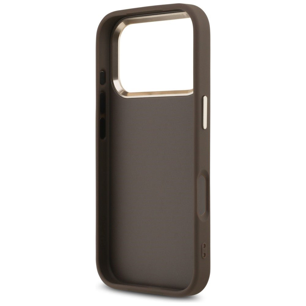 Guess iPhone 17 Pro Max / iPhone 18 Pro Max - Σκληρή Θήκη με Πλαίσιο Σιλικόνης και Επένδυση από Οικολογικό Δέρμα - 4G Big 4G Classic Logo - Brown / Gold - GUHCP18X4GMGCBR