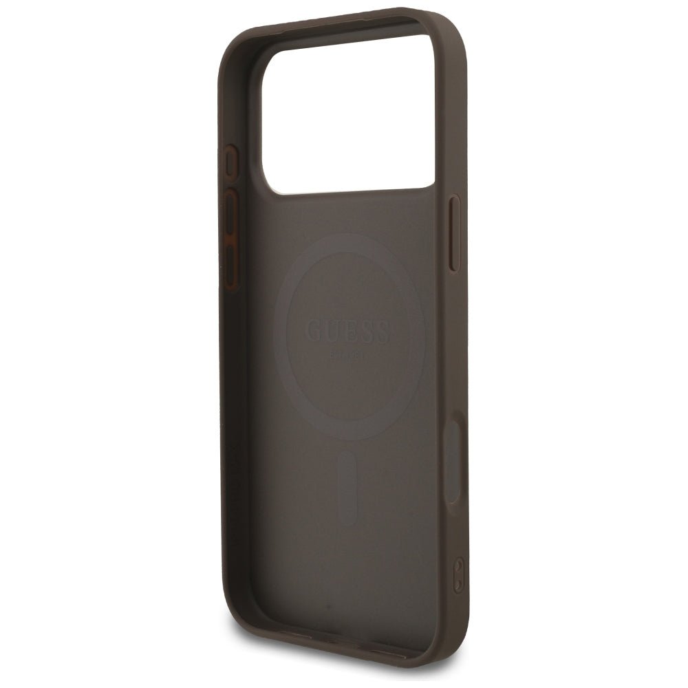 Guess iPhone 17 Pro Max / iPhone 18 Pro Max - Σκληρή Θήκη με Πλαίσιο Σιλικόνης και Επένδυση Συνθετικού Δέρματος - 4G Small Classic Logo MagSafe - Brown