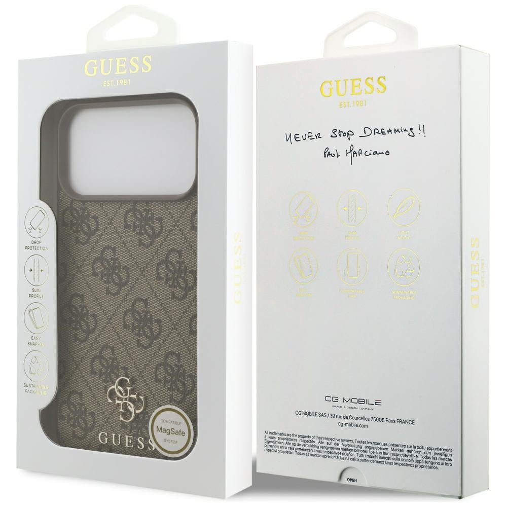 Guess iPhone 17 Pro Max / iPhone 18 Pro Max - Σκληρή Θήκη με Πλαίσιο Σιλικόνης και Επένδυση Συνθετικού Δέρματος - 4G Small Classic Logo MagSafe - Brown