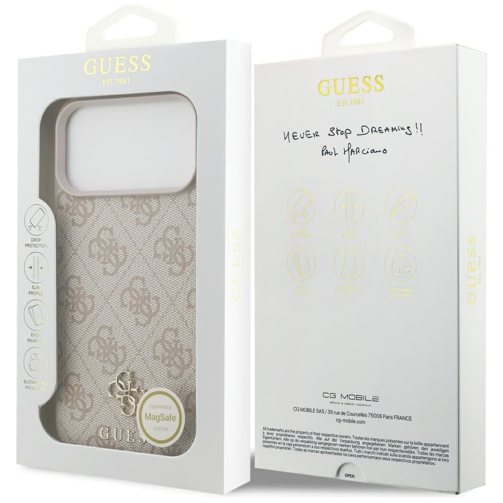 Guess iPhone 17 Pro Max / iPhone 18 Pro Max - Σκληρή Θήκη με Πλαίσιο Σιλικόνης και Επένδυση Συνθετικού Δέρματος - 4G Small Classic Logo MagSafe - Pink