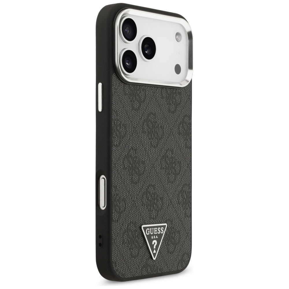 Guess iPhone 17 Pro Max / iPhone 18 Pro Max - Σκληρή Θήκη με Πλαίσιο Σιλικόνης και Επένδυση Συνθετικού Δέρματος - 4G Triangle Logo MagSafe - Black / Silver