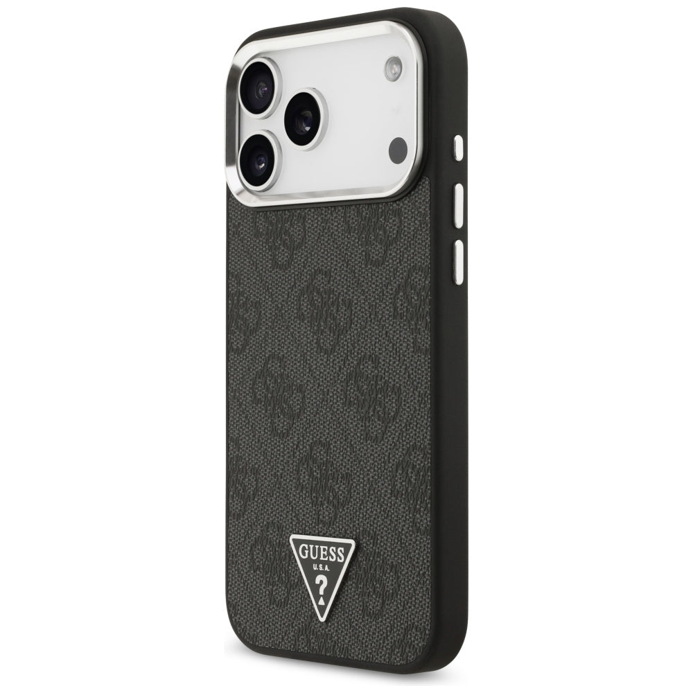 Guess iPhone 17 Pro Max / iPhone 18 Pro Max - Σκληρή Θήκη με Πλαίσιο Σιλικόνης και Επένδυση Συνθετικού Δέρματος - 4G Triangle Logo MagSafe - Black / Silver
