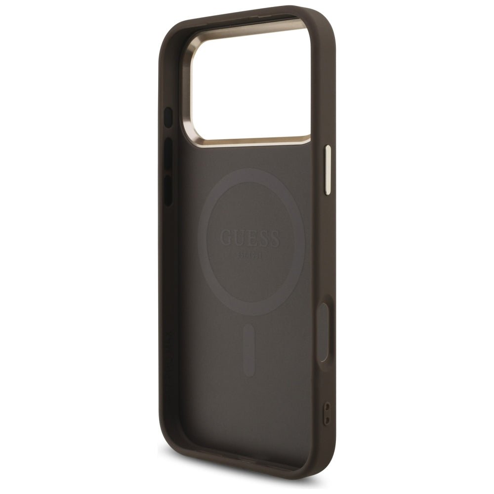 Guess iPhone 17 Pro Max / iPhone 18 Pro Max - Σκληρή Θήκη με Πλαίσιο Σιλικόνης και Επένδυση Συνθετικού Δέρματος - 4G Triangle Logo MagSafe - Brown