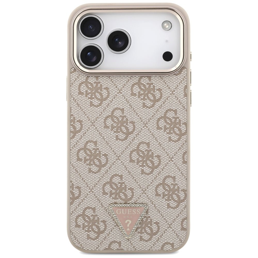Guess iPhone 17 Pro Max / iPhone 18 Pro Max - Σκληρή Θήκη με Πλαίσιο Σιλικόνης και Επένδυση Συνθετικού Δέρματος - 4G Triangle Logo MagSafe - Pink / Gold