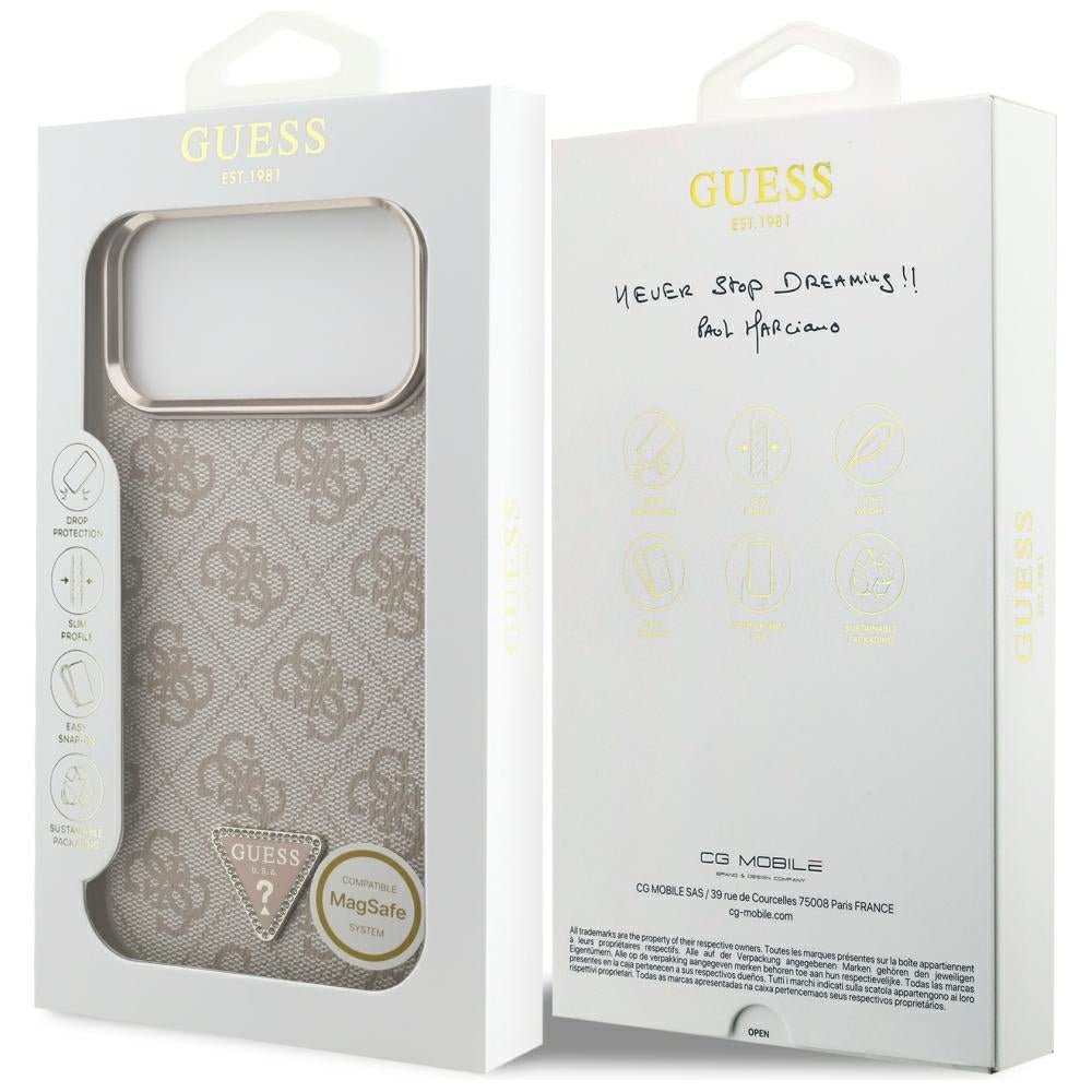Guess iPhone 17 Pro Max / iPhone 18 Pro Max - Σκληρή Θήκη με Πλαίσιο Σιλικόνης και Επένδυση Συνθετικού Δέρματος - 4G Triangle Logo MagSafe - Pink / Gold