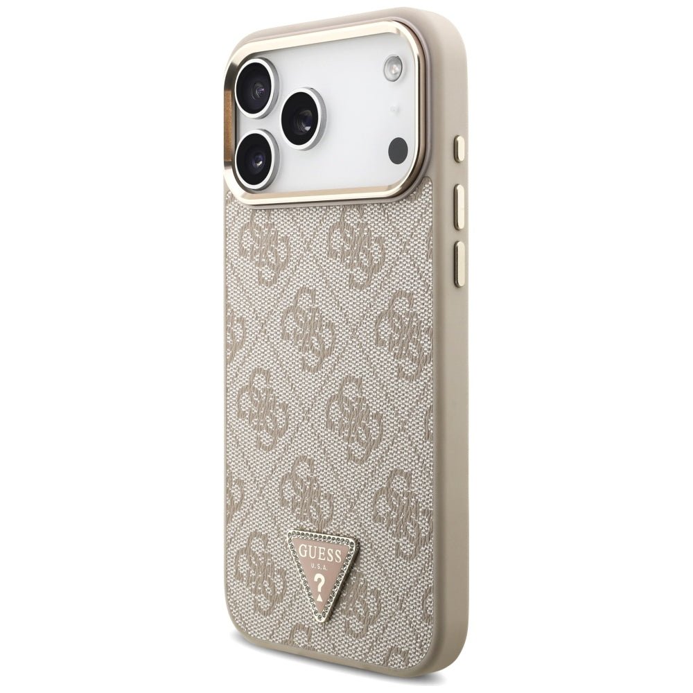 Guess iPhone 17 Pro Max / iPhone 18 Pro Max - Σκληρή Θήκη με Πλαίσιο Σιλικόνης και Επένδυση Συνθετικού Δέρματος - 4G Triangle Logo MagSafe - Pink / Gold