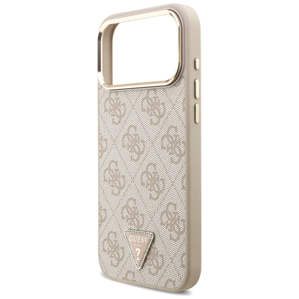 Guess iPhone 17 Pro Max / iPhone 18 Pro Max - Σκληρή Θήκη με Πλαίσιο Σιλικόνης και Επένδυση Συνθετικού Δέρματος - 4G Triangle Logo MagSafe - Pink / Gold
