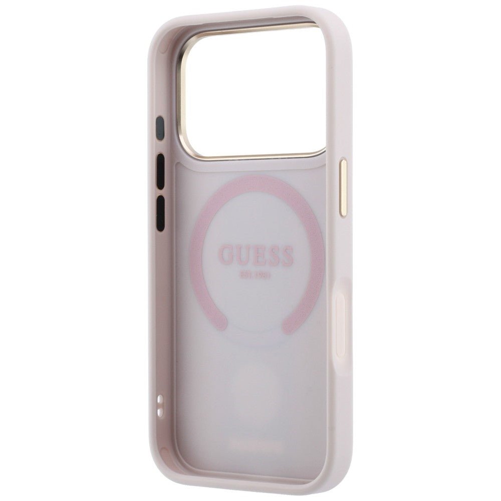 Guess iPhone 17 Pro Max / iPhone 18 Pro Max - Σκληρή Θήκη με Πλαίσιο Σιλικόνης και Επένδυση Συνθετικού Δέρματος - 4G with Stripe Round and Classic Logos MagSafe - Pink