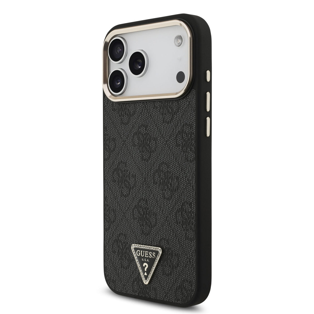 Guess iPhone 17 Pro Max / iPhone 18 Pro Max - Σκληρή Θήκη με Πλαίσιο Σιλικόνης και Επένδυση Συνθετικού Δέρματος - PU Leather 4G Strass Triangle Logo Gold Frame MagSafe - Black