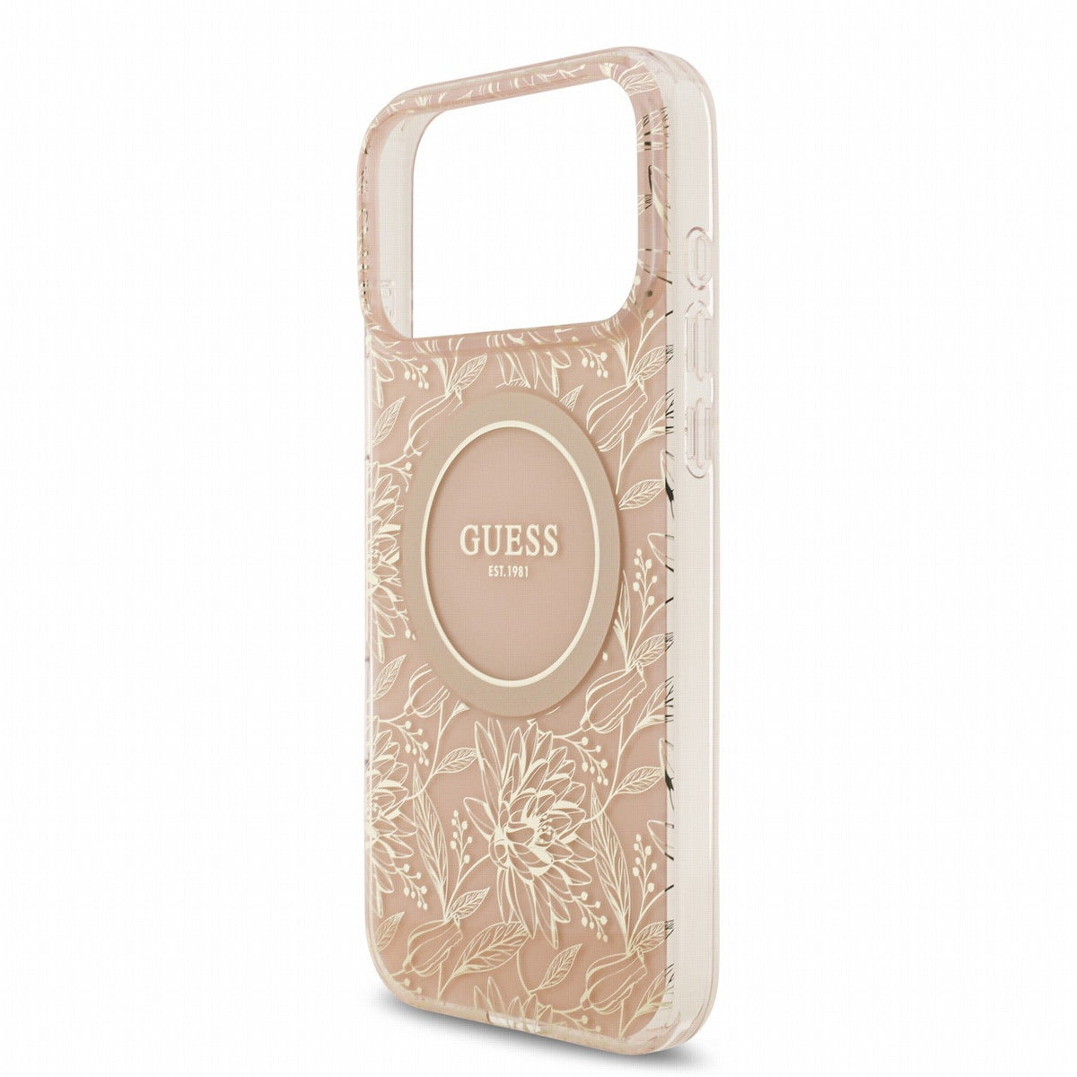 Guess iPhone 17 Pro Max / iPhone 18 Pro Max - Σκληρή Θήκη με Πλαίσιο Σιλικόνης και Λουράκι - IML Flowers Allover Strap MagSafe - Pink