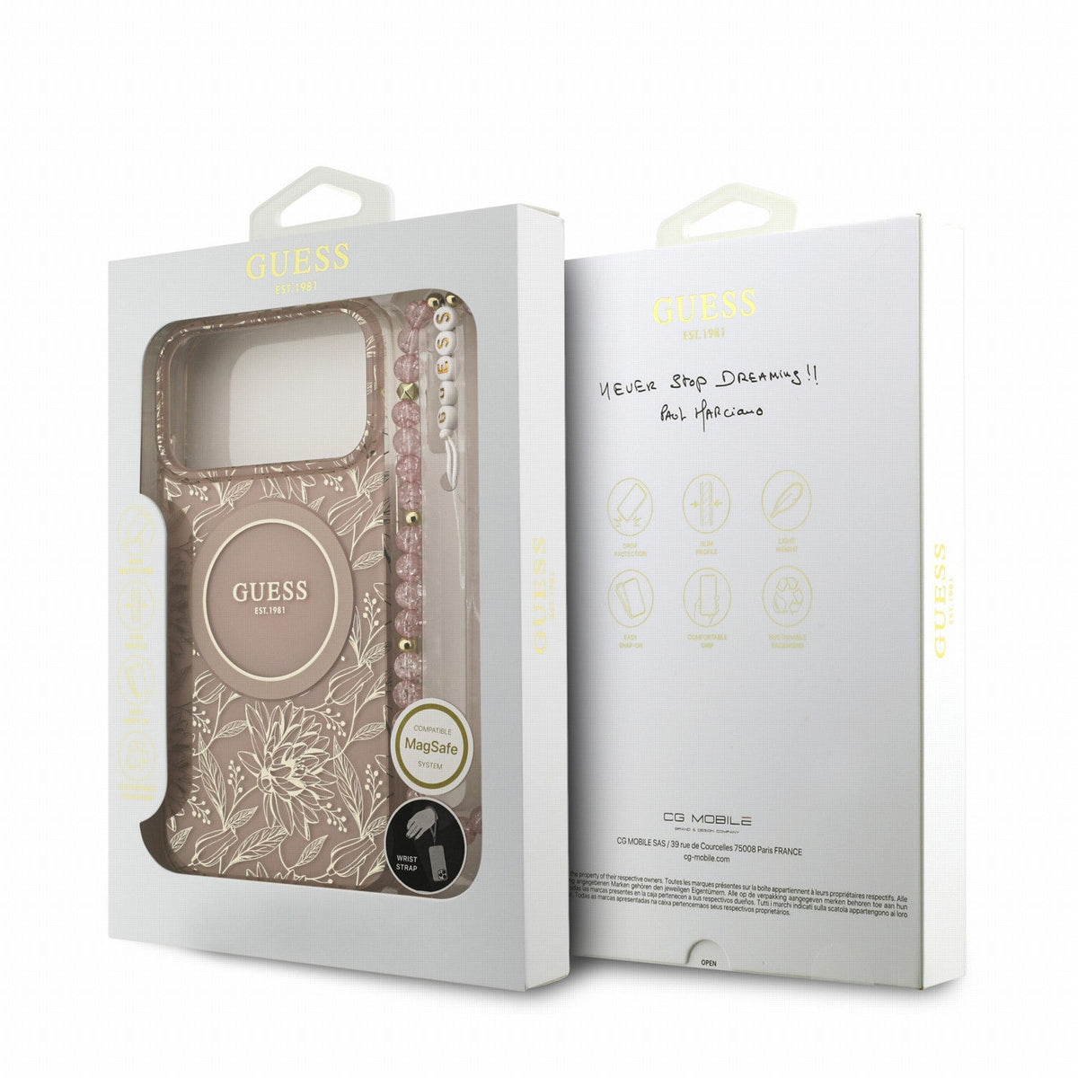 Guess iPhone 17 Pro Max / iPhone 18 Pro Max - Σκληρή Θήκη με Πλαίσιο Σιλικόνης και Λουράκι - IML Flowers Allover Strap MagSafe - Pink