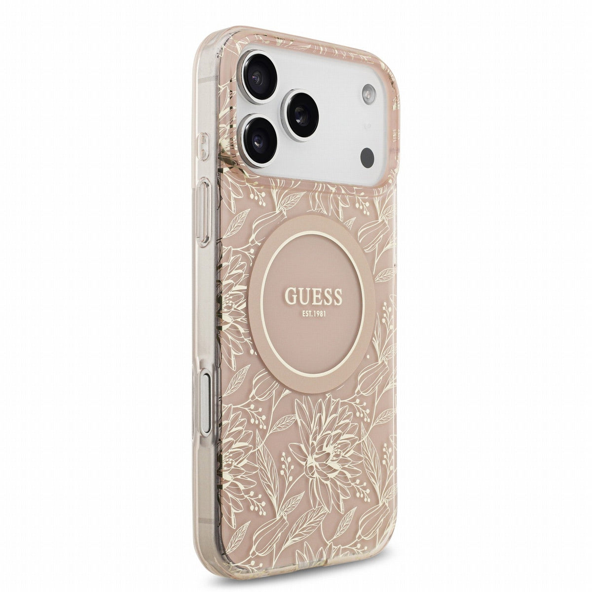 Guess iPhone 17 Pro Max / iPhone 18 Pro Max - Σκληρή Θήκη με Πλαίσιο Σιλικόνης και Λουράκι - IML Flowers Allover Strap MagSafe - Pink