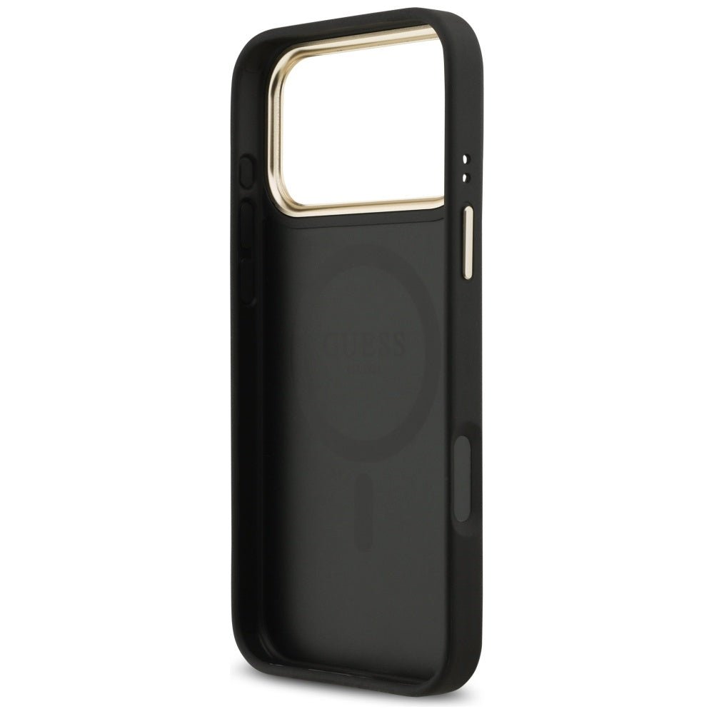 Guess iPhone 17 Pro Max - Σκληρή Θήκη με Επένδυση Συνθετικού Δέρματος - 4G Strass Logo MagSafe - Black
