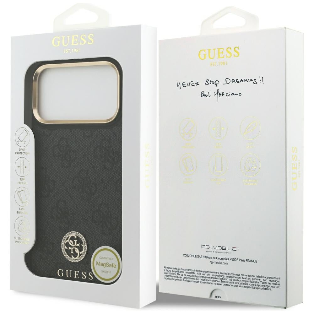 Guess iPhone 17 Pro Max - Σκληρή Θήκη με Επένδυση Συνθετικού Δέρματος - 4G Strass Logo MagSafe - Black