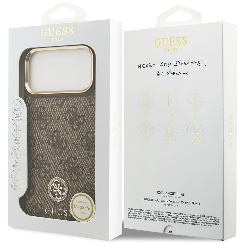 Guess iPhone 17 Pro Max - Σκληρή Θήκη με Επένδυση Συνθετικού Δέρματος - 4G Strass Logo MagSafe - Brown