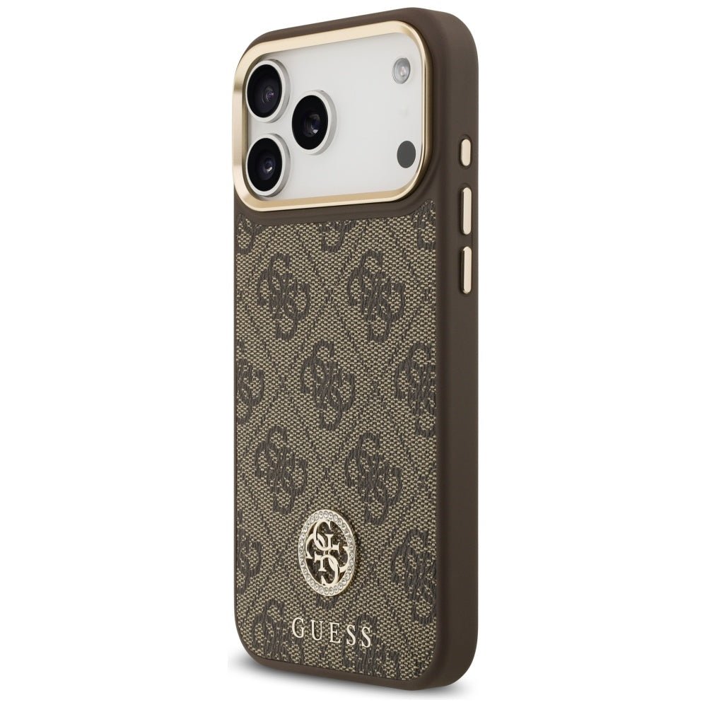 Guess iPhone 17 Pro Max - Σκληρή Θήκη με Επένδυση Συνθετικού Δέρματος - 4G Strass Logo MagSafe - Brown