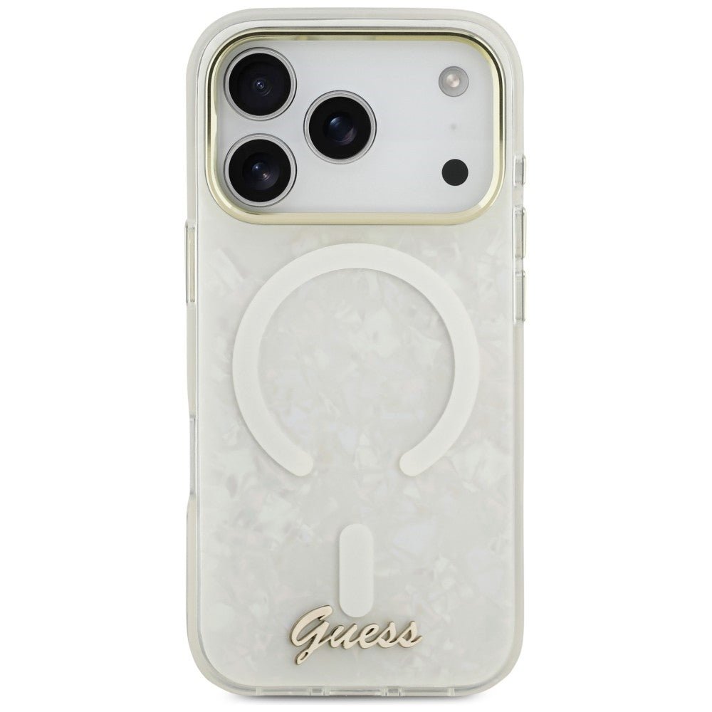 Guess iPhone 17 Pro Max - Σκληρή Θήκη με Πλαίσιο Σιλικόνης - IML Shell Script Metal MagSafe - White