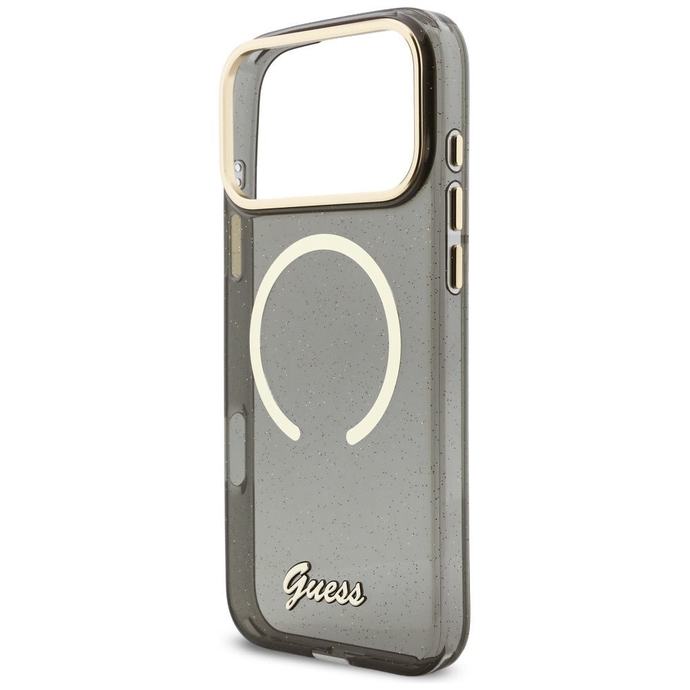 Guess iPhone 17 Pro Max - Σκληρή Θήκη με Πλαίσιο Σιλικόνης και Λουράκι - IML Glitters Script Strap MagSafe - Black
