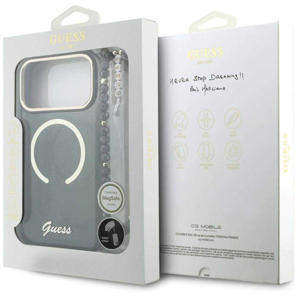 Guess iPhone 17 Pro Max - Σκληρή Θήκη με Πλαίσιο Σιλικόνης και Λουράκι - IML Glitters Script Strap MagSafe - Black