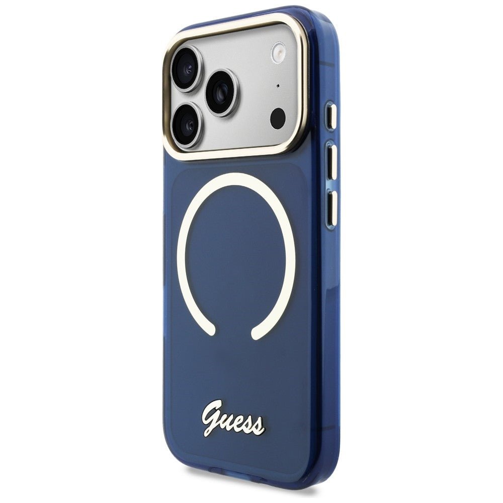 Guess iPhone 17 Pro Max - Σκληρή Θήκη με Πλαίσιο Σιλικόνης και MagSafe - IML Script Metal MagSafe - Blue