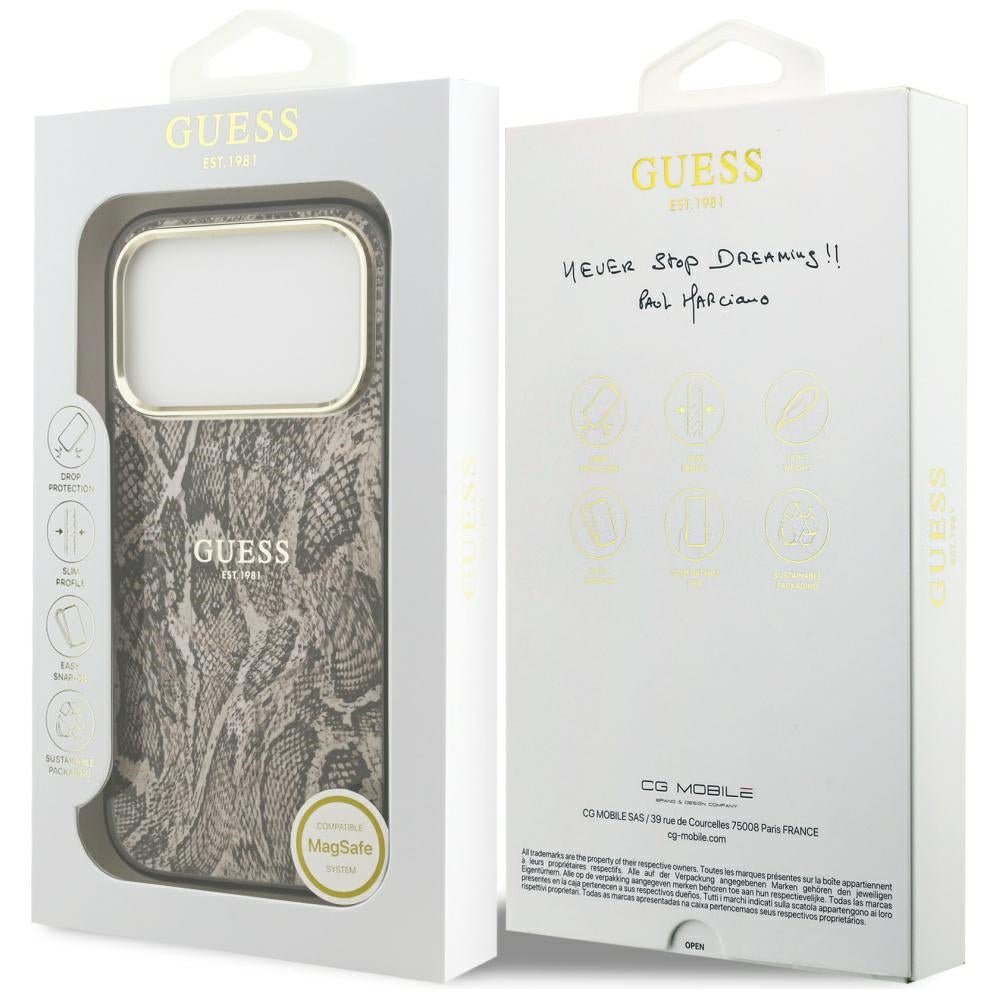 Guess iPhone 17 Pro Max - Σκληρή Θήκη με Πλαίσιο Σιλικόνης - Python Pattern MagSafe - Brown