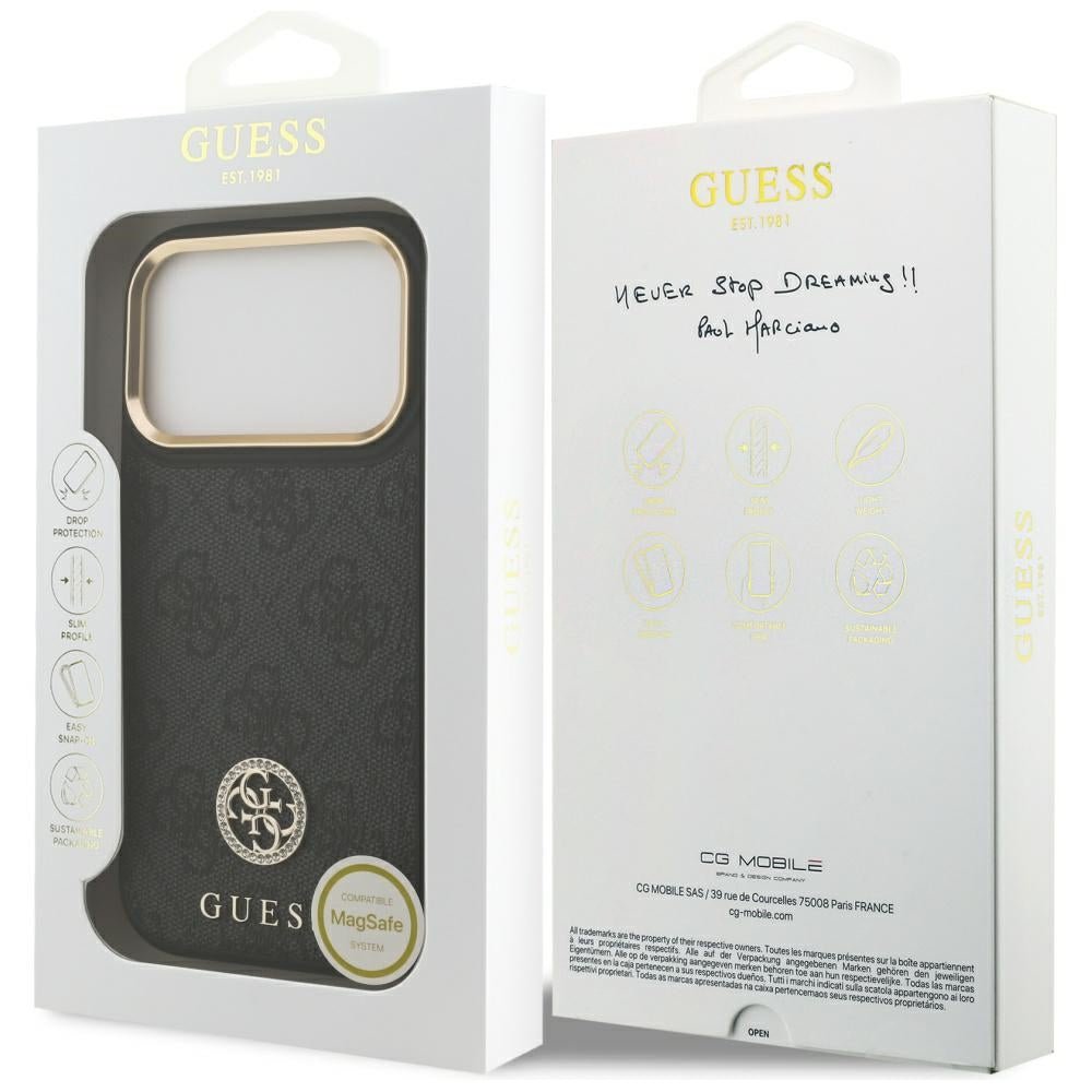Guess iPhone 17 Pro - Σκληρή Θήκη με Επένδυση Συνθετικού Δέρματος - 4G Strass Logo MagSafe - Black
