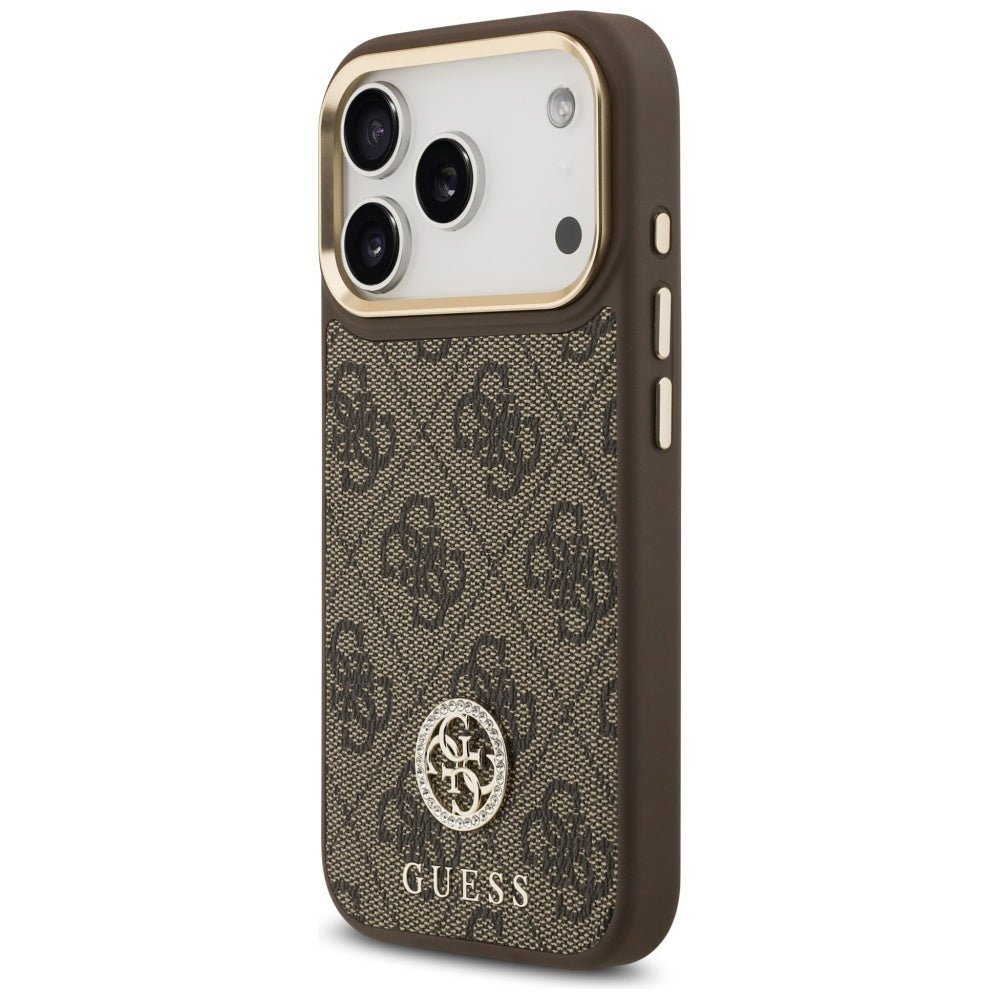 Guess iPhone 17 Pro - Σκληρή Θήκη με Επένδυση Συνθετικού Δέρματος - 4G Strass Logo MagSafe - Brown