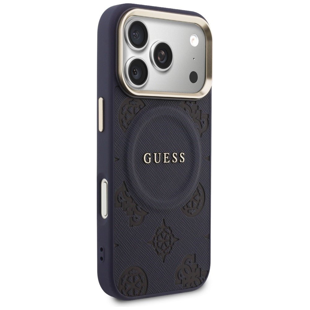 Guess iPhone 17 Pro - Σκληρή Θήκη με Επένδυση Συνθετικού Δέρματος - Peony Hot Stamp MagSafe - Blue