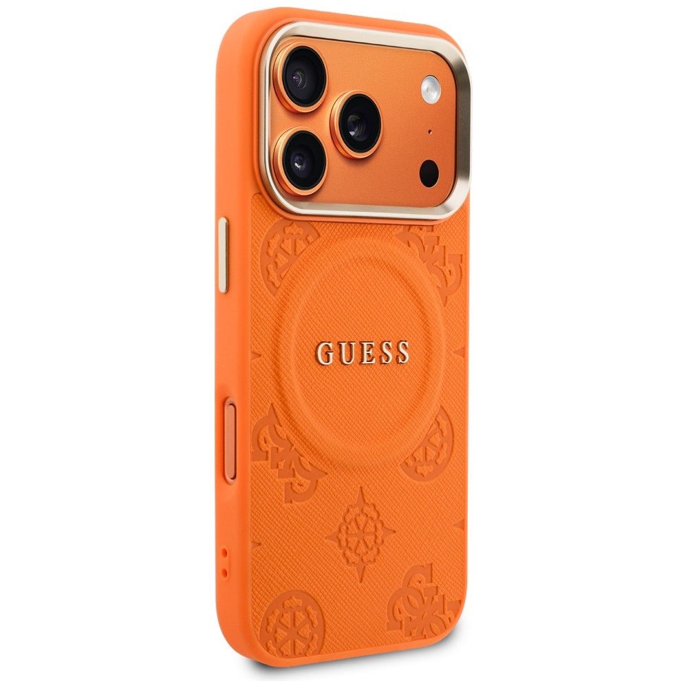 Guess iPhone 17 Pro - Σκληρή Θήκη με Επένδυση Συνθετικού Δέρματος - Peony Hot Stamp MagSafe - Orange