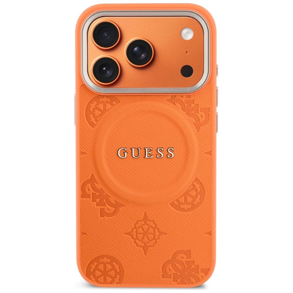 Guess iPhone 17 Pro - Σκληρή Θήκη με Επένδυση Συνθετικού Δέρματος - Peony Hot Stamp MagSafe - Orange