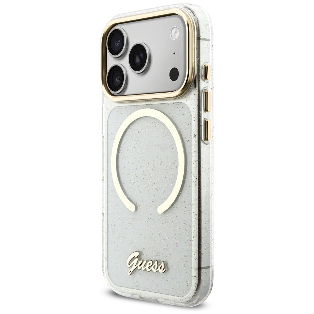 Guess iPhone 17 Pro - Σκληρή Θήκη με Πλαίσιο Σιλικόνης και Λουράκι - IML Glitters Script Strap MagSafe - Διάφανη