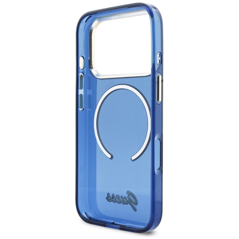 Guess iPhone 17 Pro - Σκληρή Θήκη με Πλαίσιο Σιλικόνης και MagSafe - IML Script Metal MagSafe - Blue