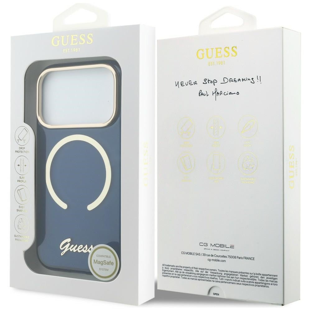 Guess iPhone 17 Pro - Σκληρή Θήκη με Πλαίσιο Σιλικόνης και MagSafe - IML Script Metal MagSafe - Blue