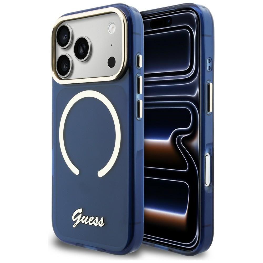 Guess iPhone 17 Pro - Σκληρή Θήκη με Πλαίσιο Σιλικόνης και MagSafe - IML Script Metal MagSafe - Blue
