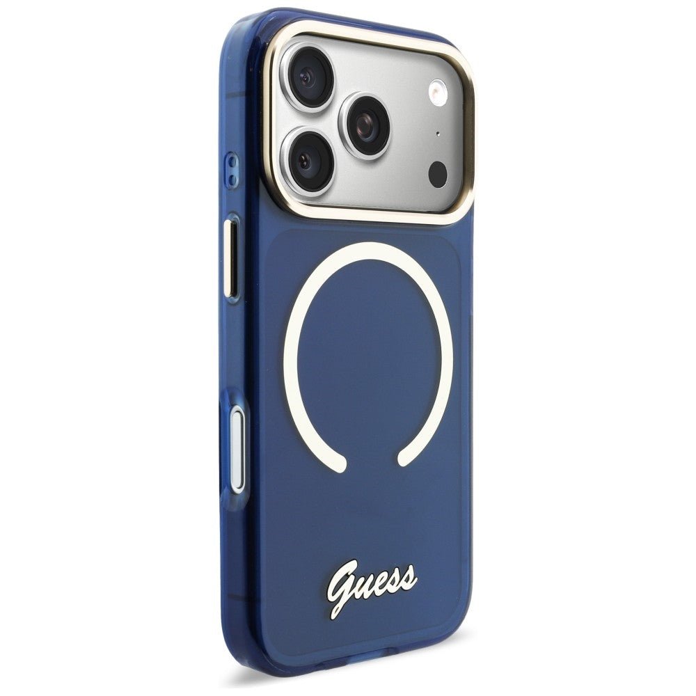 Guess iPhone 17 Pro - Σκληρή Θήκη με Πλαίσιο Σιλικόνης και MagSafe - IML Script Metal MagSafe - Blue
