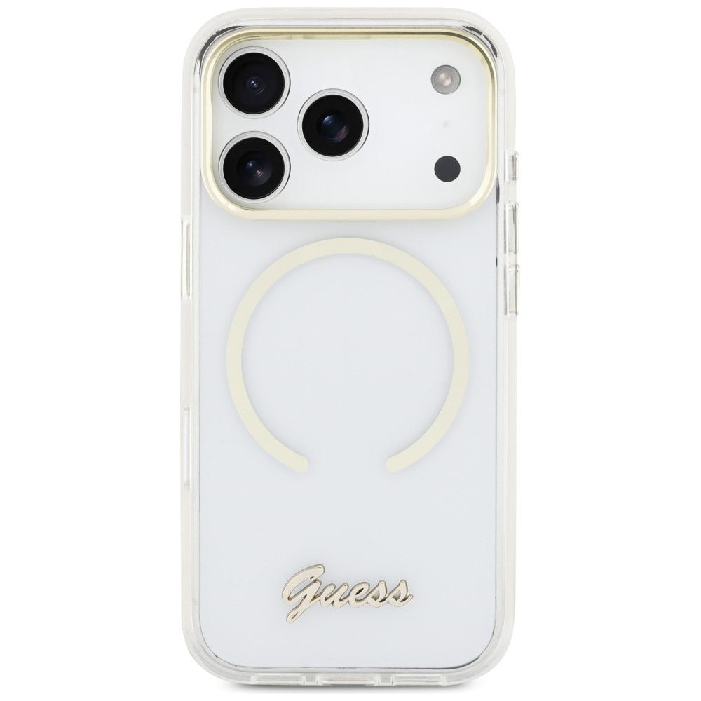Guess iPhone 17 Pro - Σκληρή Θήκη με Πλαίσιο Σιλικόνης και MagSafe - IML Script Metal MagSafe - Clear