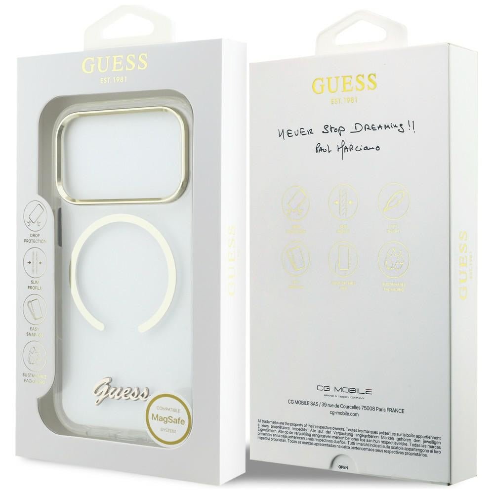 Guess iPhone 17 Pro - Σκληρή Θήκη με Πλαίσιο Σιλικόνης και MagSafe - IML Script Metal MagSafe - Clear