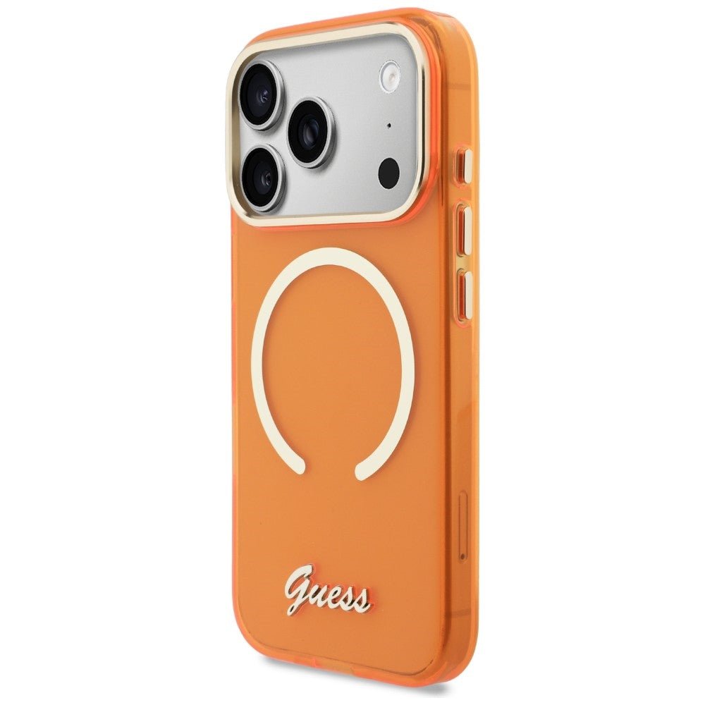 Guess iPhone 17 Pro - Σκληρή Θήκη με Πλαίσιο Σιλικόνης και MagSafe - IML Script Metal MagSafe - Orange