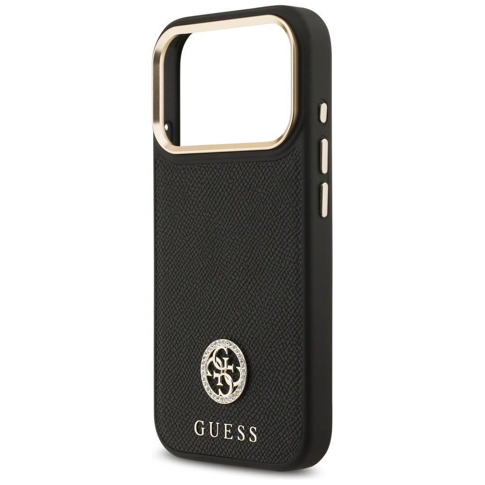 Guess iPhone 17 Pro - Σκληρή Θήκη με Πλαίσιο Σιλικόνης και Συνθετικό Δέρμα - Grained Strass Logo MagSafe - Black