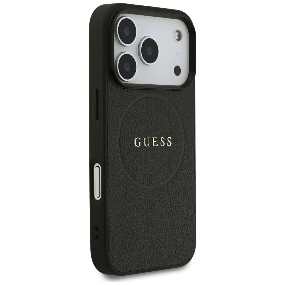 Guess iPhone 18 Pro / iPhone 17 Pro - Σκληρή Θήκη από Οικολογικό Δέρμα MagSafe - Grained Gold Ring - Black