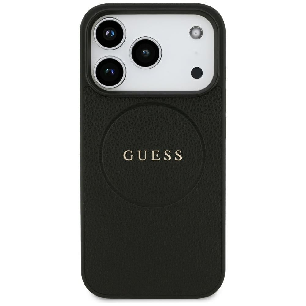 Guess iPhone 18 Pro / iPhone 17 Pro - Σκληρή Θήκη από Οικολογικό Δέρμα MagSafe - Grained Gold Ring - Black