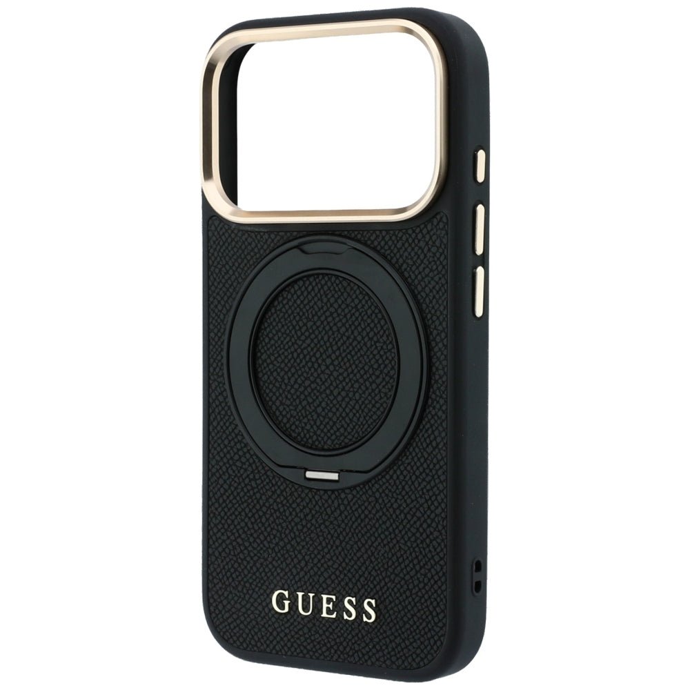 Guess iPhone 18 Pro / iPhone 17 Pro - Σκληρή Θήκη MagSafe με Επένδυση Συνθετικού Δέρματος - Ring Stand 360 Grained Classic Logo - Black