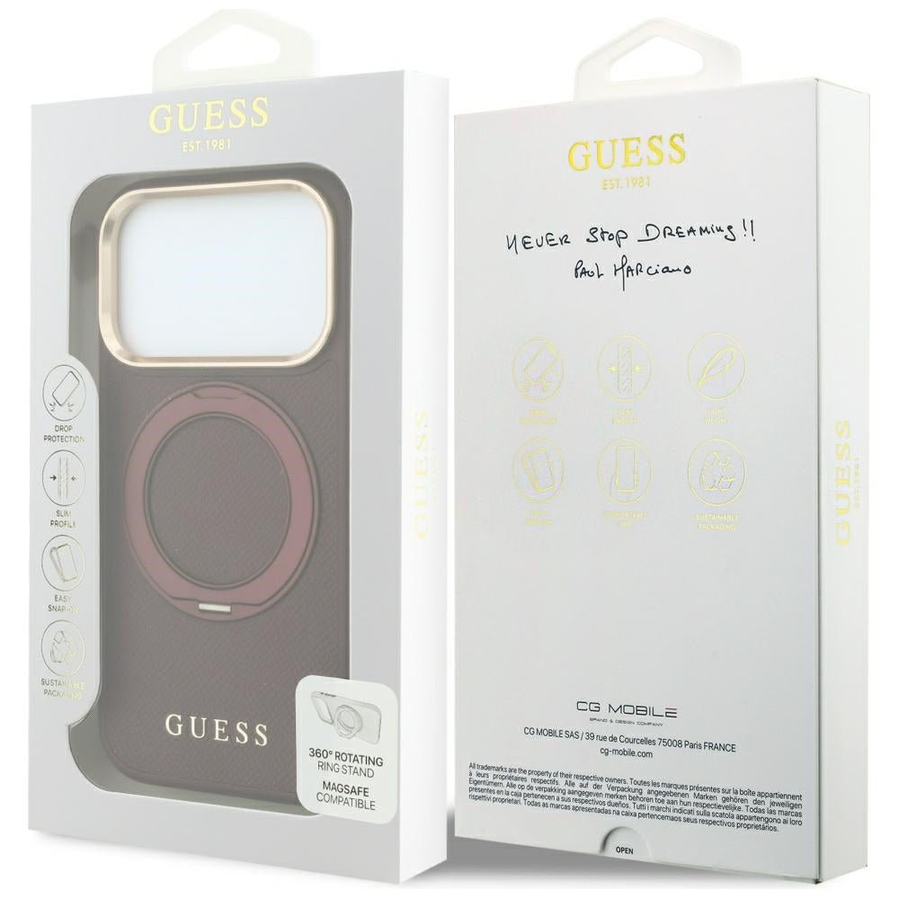 Guess iPhone 18 Pro / iPhone 17 Pro - Σκληρή Θήκη MagSafe με Επένδυση Συνθετικού Δέρματος - Ring Stand 360 Grained Classic Logo - Burgundy