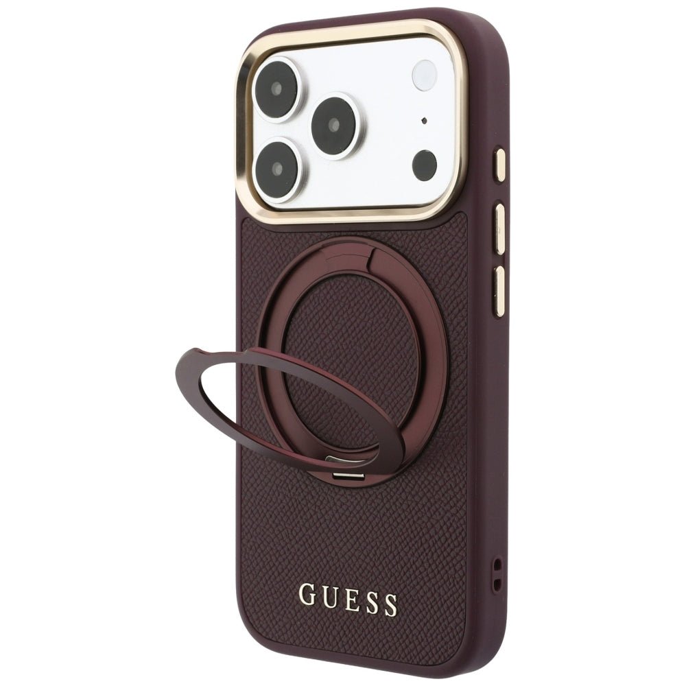 Guess iPhone 18 Pro / iPhone 17 Pro - Σκληρή Θήκη MagSafe με Επένδυση Συνθετικού Δέρματος - Ring Stand 360 Grained Classic Logo - Burgundy