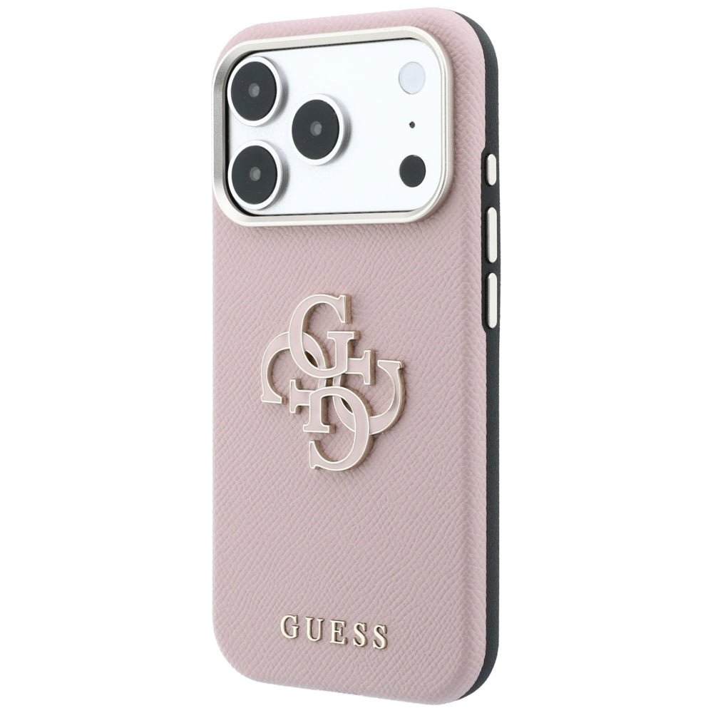 Guess iPhone 18 Pro / iPhone 17 Pro - Σκληρή Θήκη με Επένδυση από Οικολογικό Δέρμα - Grained and Big Resin Logo - Pink