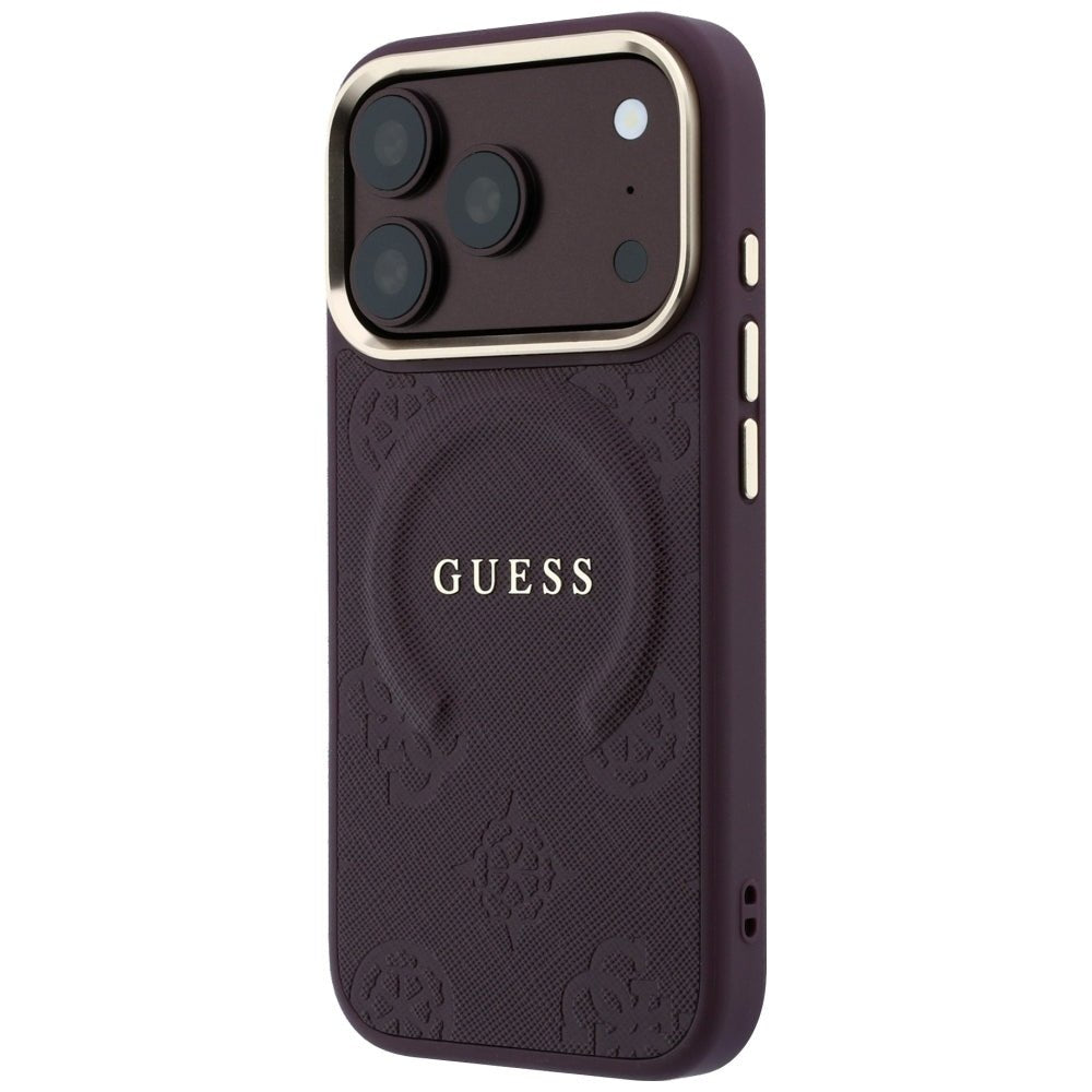 Guess iPhone 18 Pro / iPhone 17 Pro - Σκληρή Θήκη με Επένδυση Συνθετικού Δέρματος MagSafe - Saffiano Peony and Ring - Burgundy